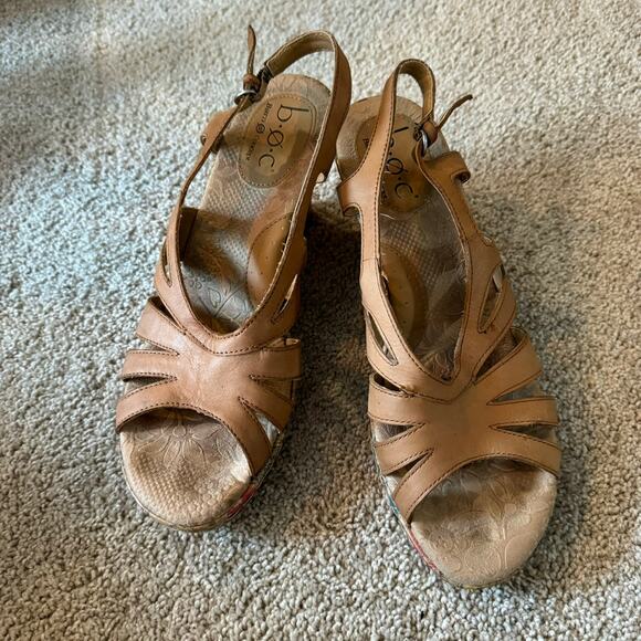 BOC Floral Print Tan Leather Cork Wedge Sandals Size 10 w/ Buckle Ankle Strap - Picture 1 of 10
